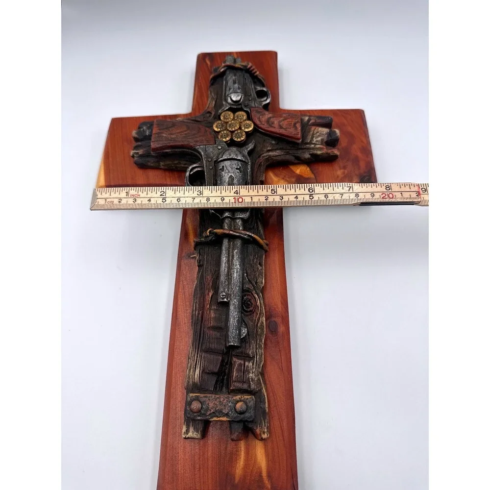 Handmade Rustic Western Wooden Wall Cross Revolver Bullet Barbed Wire Cowboy 14